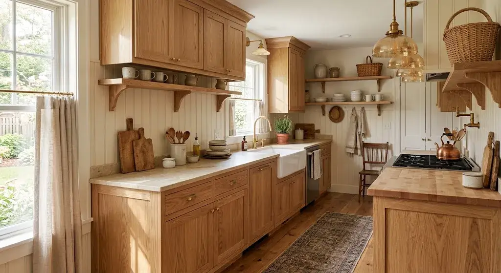 White bead board backsplash with natural wood kitchen cabinets