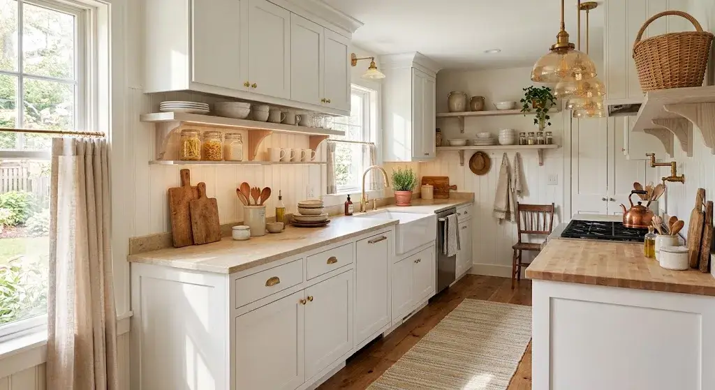 White bead board backsplash with wooden open kitchen shelves