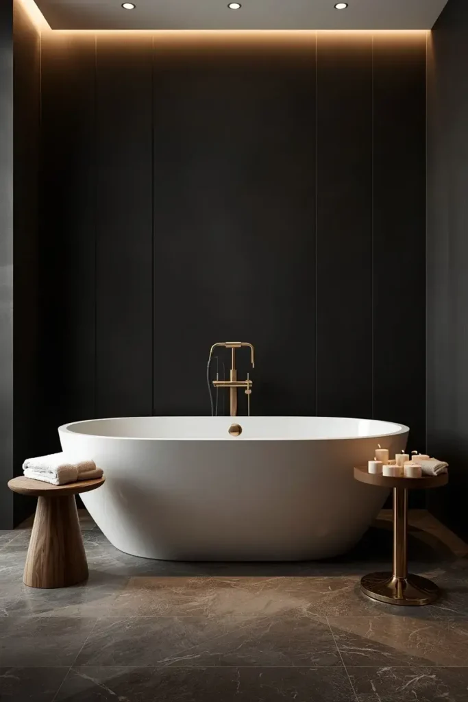 White freestanding bathtub against black bathroom walls with gold fixtures and warm candlelight