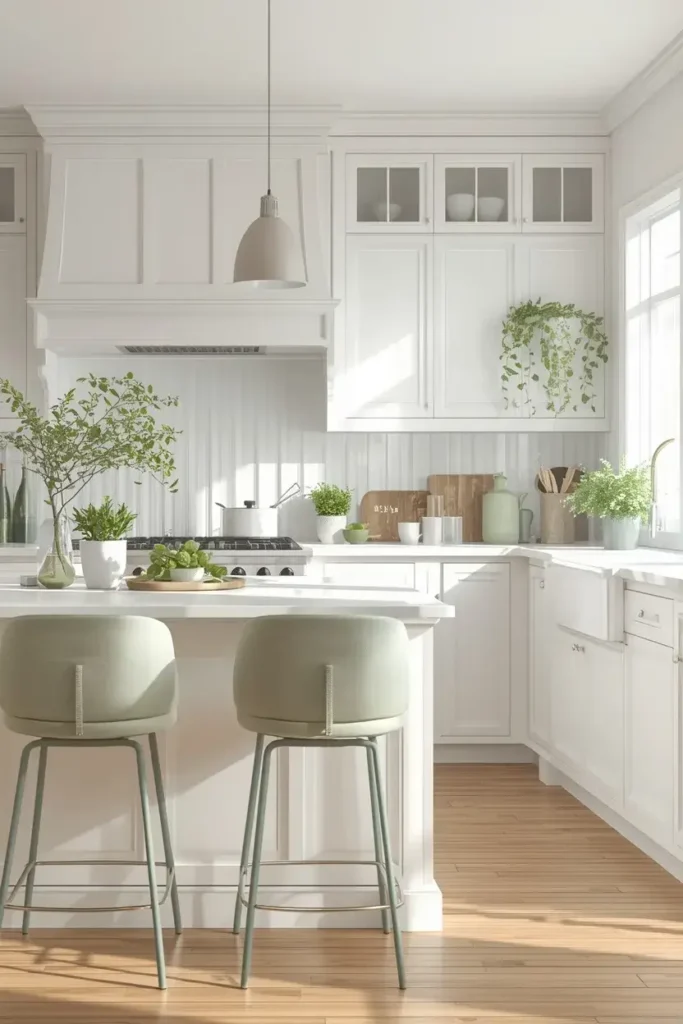 White kitchen with sage green accents and fresh indoor plants