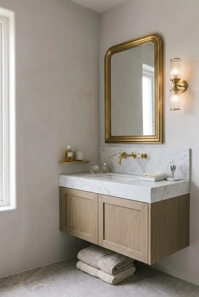 White marble countertop with an undermount bathroom sink and brass fixtures.