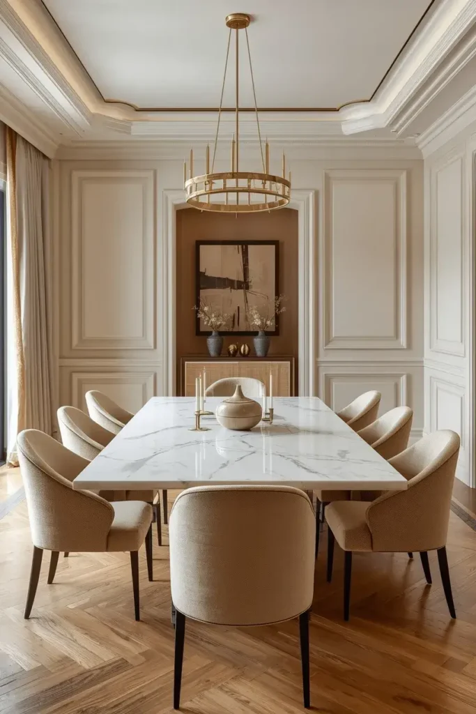 White marble dining table with beige chairs and luxurious dining room decor