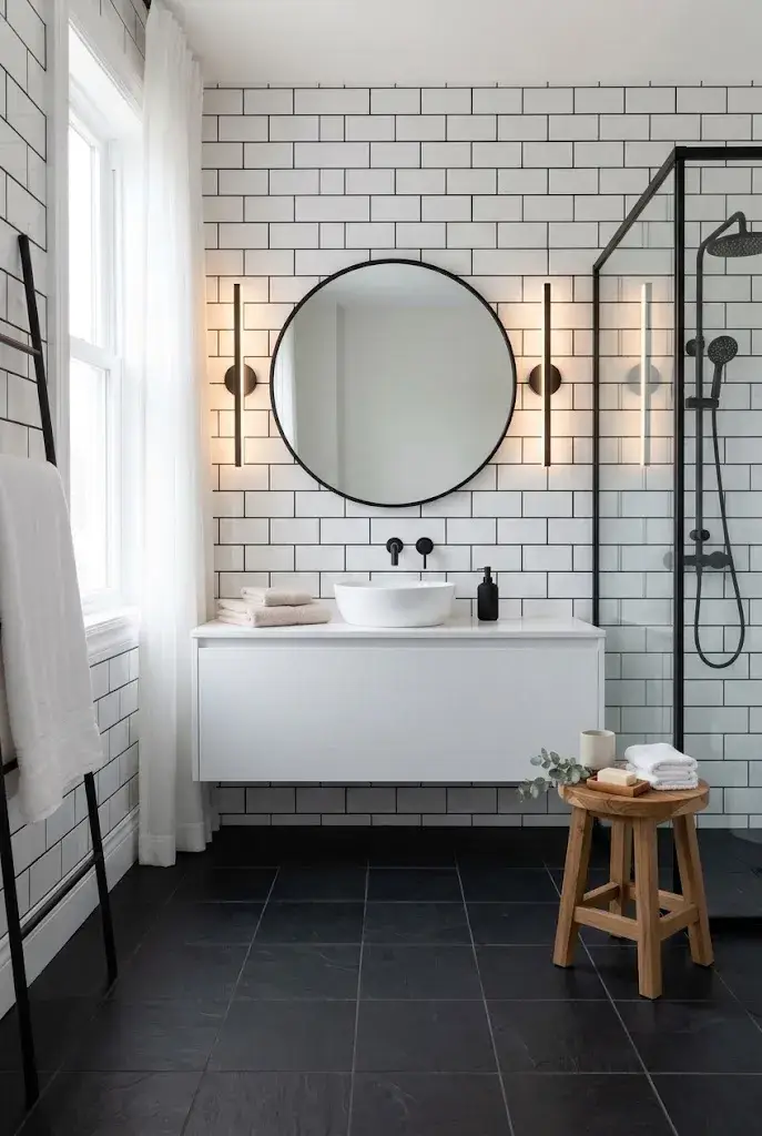 White subway tile bathroom with black grout, black fixtures, and modern glass shower enclosure.