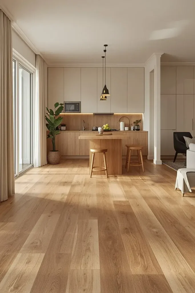  Wood look porcelain kitchen floor with oak tones, cream cabinets, and a natural wood island.