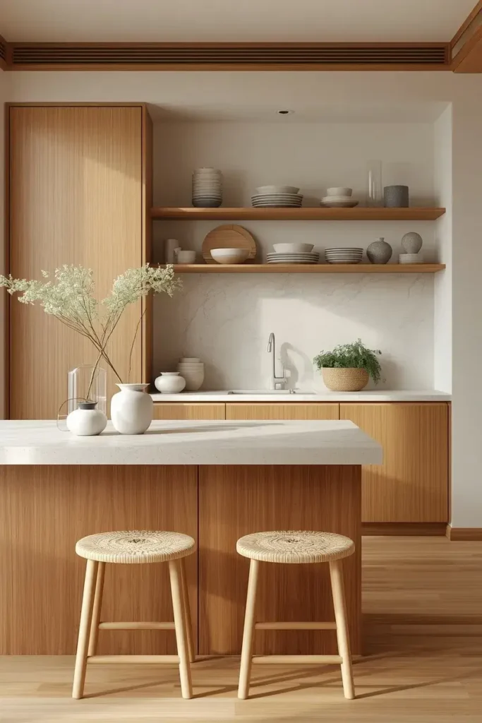 Wood, stone, ceramic, linen, and greenery create layered natural texture in a Japandi kitchen.