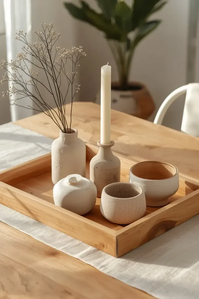 Wooden tray styled with a ceramic vase, candle, bowl, and simple table decor.