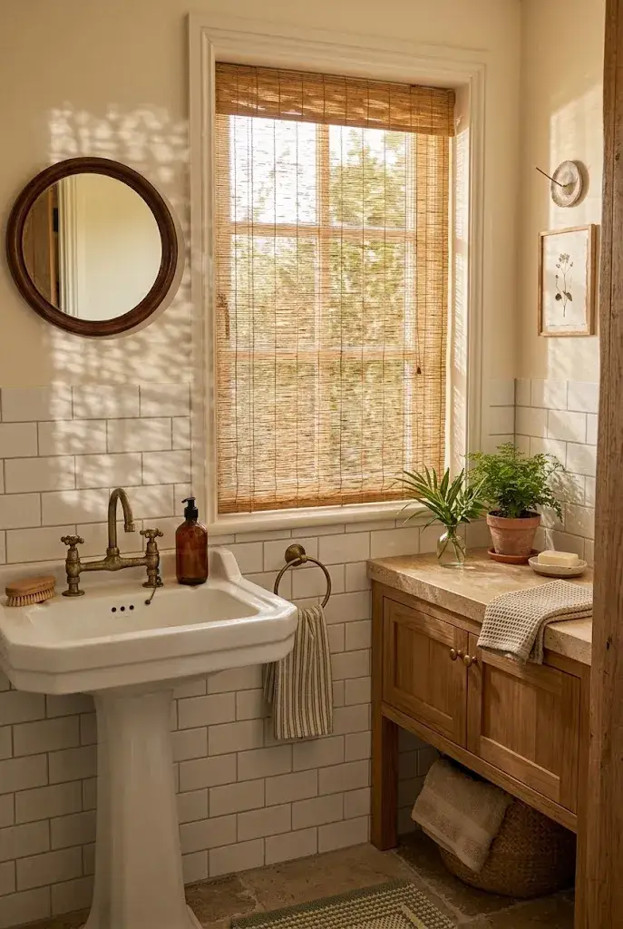 Woven bamboo shade adding natural texture and warmth to a bathroom window