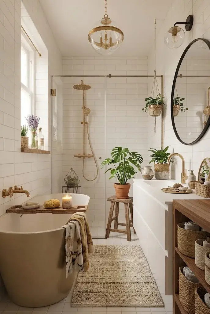 Woven beige bathroom rug with natural boho decor