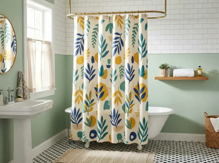 A stylish bathroom featuring a bold teal and yellow leaf-patterned shower curtain, clawfoot tub, and sage green walls.
