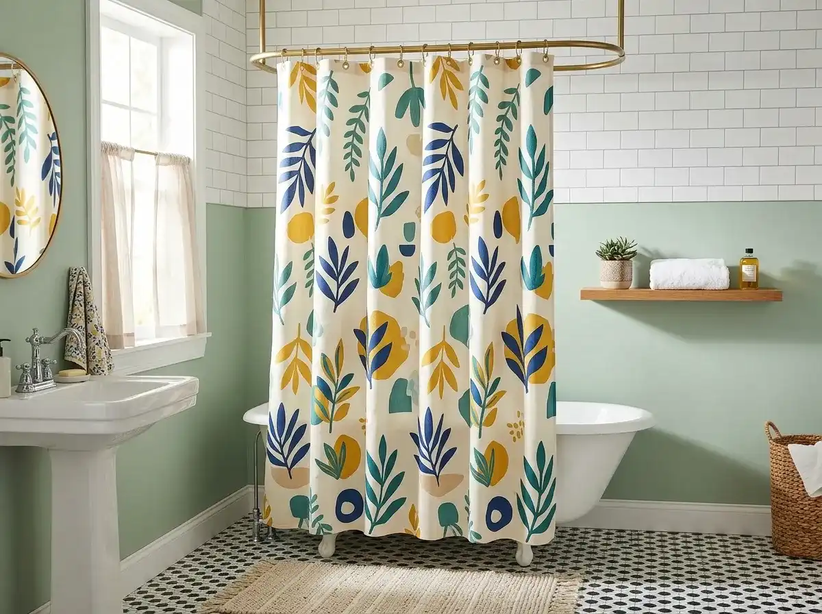 A stylish bathroom featuring a bold teal and yellow leaf-patterned shower curtain, clawfoot tub, and sage green walls.