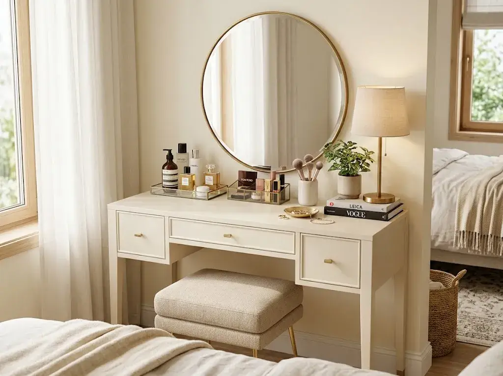 Beautiful bedroom vanity with a cream desk, round mirror, warm lighting, organized beauty essentials, and cozy neutral decor.