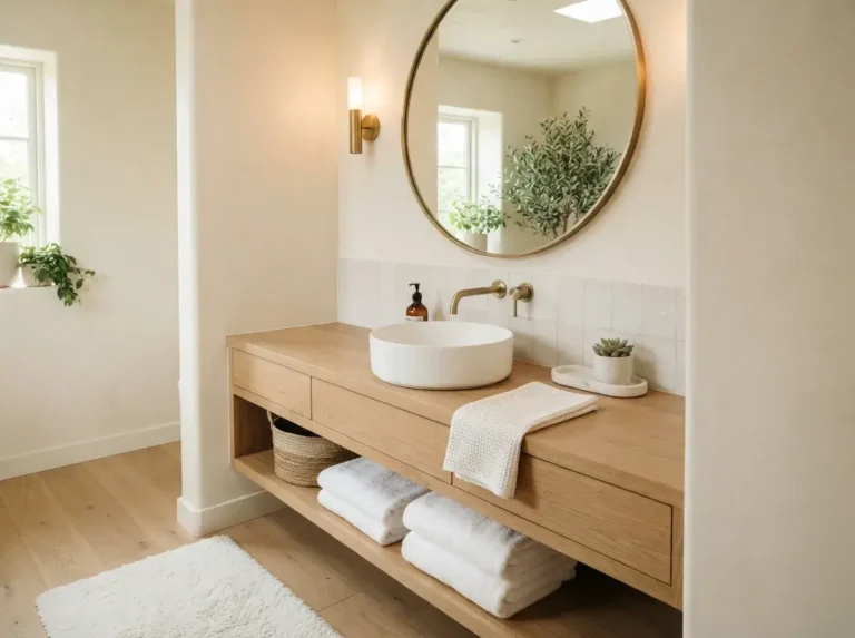 Beautiful modern bathroom with a white sink, wood vanity, brass faucet, and round mirror.