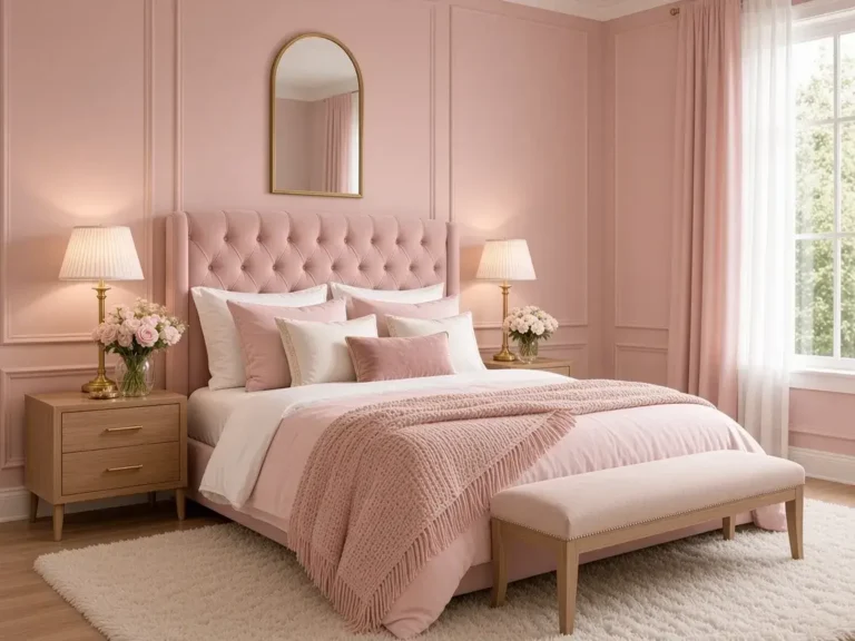 Beautiful pink bedroom decor featuring blush walls, elegant bedding, gold accents, natural wood furniture, and a cozy feminine design.