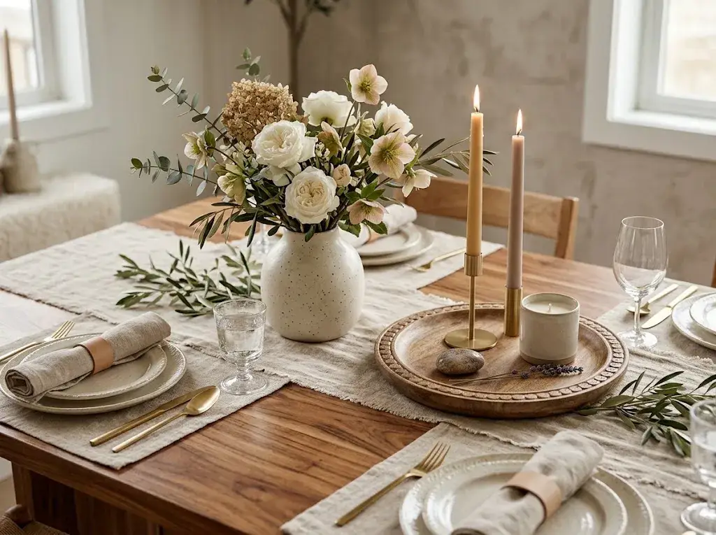 Beautiful table centerpiece with flowers, greenery, candles, and neutral decor in a stylish home.