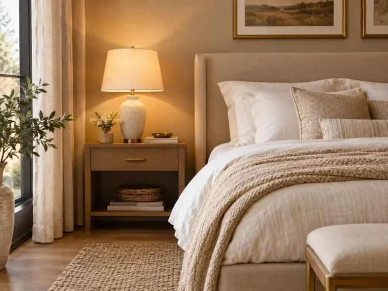 Elegant cozy bedroom with a warm bedside lamp and neutral decor