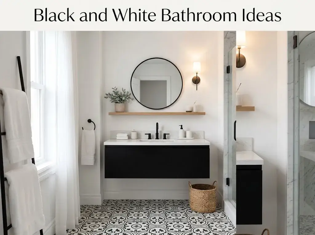 Black and white bathroom with elegant fixtures, patterned floor tiles, natural wood accents, and greenery.