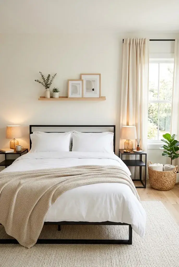  Black bedroom furniture styled with soft white bedding, beige accents, and warm lighting.