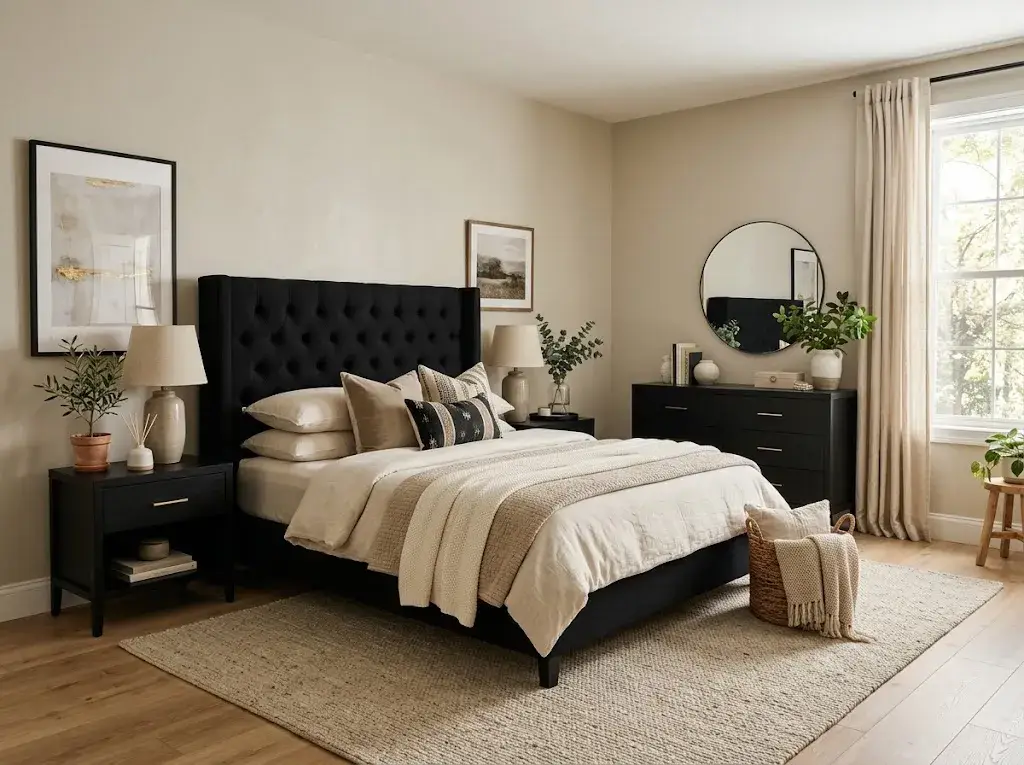 Black furniture bedroom with cream bedding, warm neutral decor, natural wood accents, and cozy lighting.