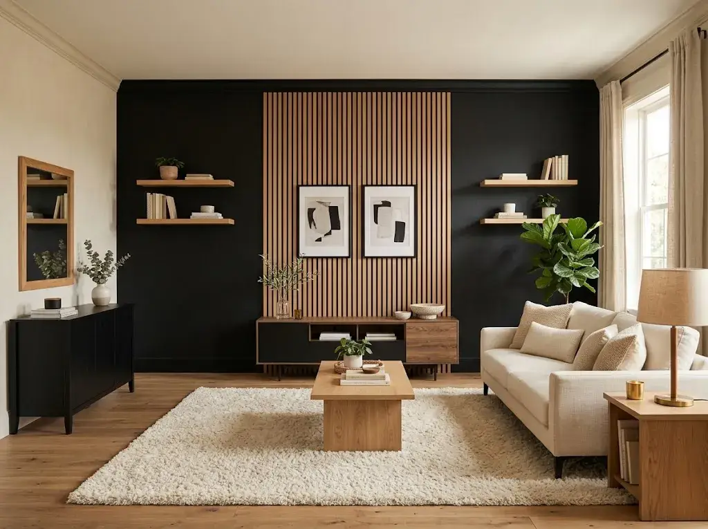 Black wall with warm wood slats creating a stylish modern home feature wall.