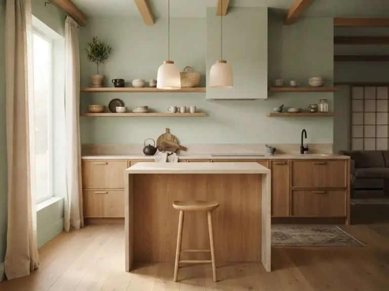 Calm and timeless Japandi kitchen with warm oak cabinets, neutral colors, natural textures, and minimalist decor.