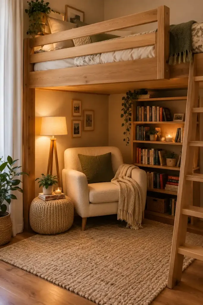 Cozy loft bed with a comfortable reading nook underneath