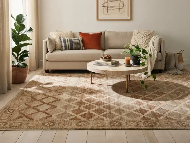 Cozy modern living room with a large area rug defining the seating area