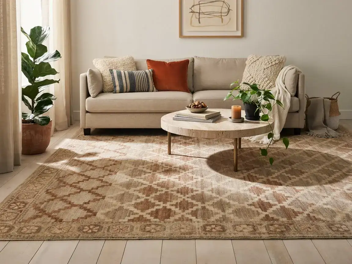 Cozy modern living room with a large area rug defining the seating area