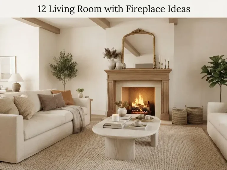 Cozy neutral living room with an elegant fireplace, comfortable furniture, natural wood accents, soft textures, and warm lighting.