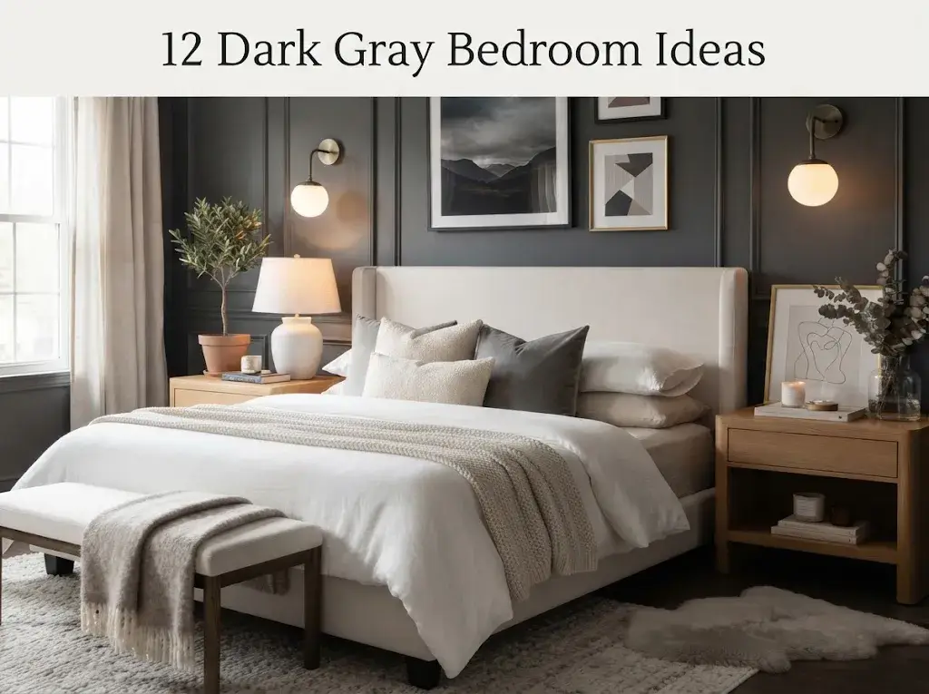Dark gray bedroom featuring crisp white bedding, textured cream throws, warm wood furniture, and soft lighting.
