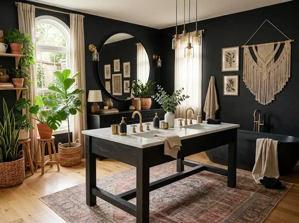 Elegant black bathroom with marble surfaces, brass fixtures, warm lighting, and modern luxury decor.