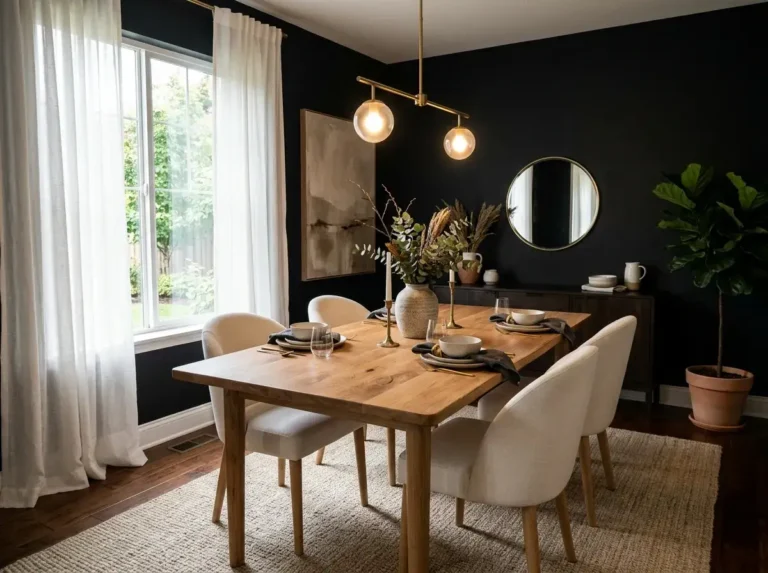Elegant black dining room with warm wood, cream chairs, brass lighting, and natural greenery.