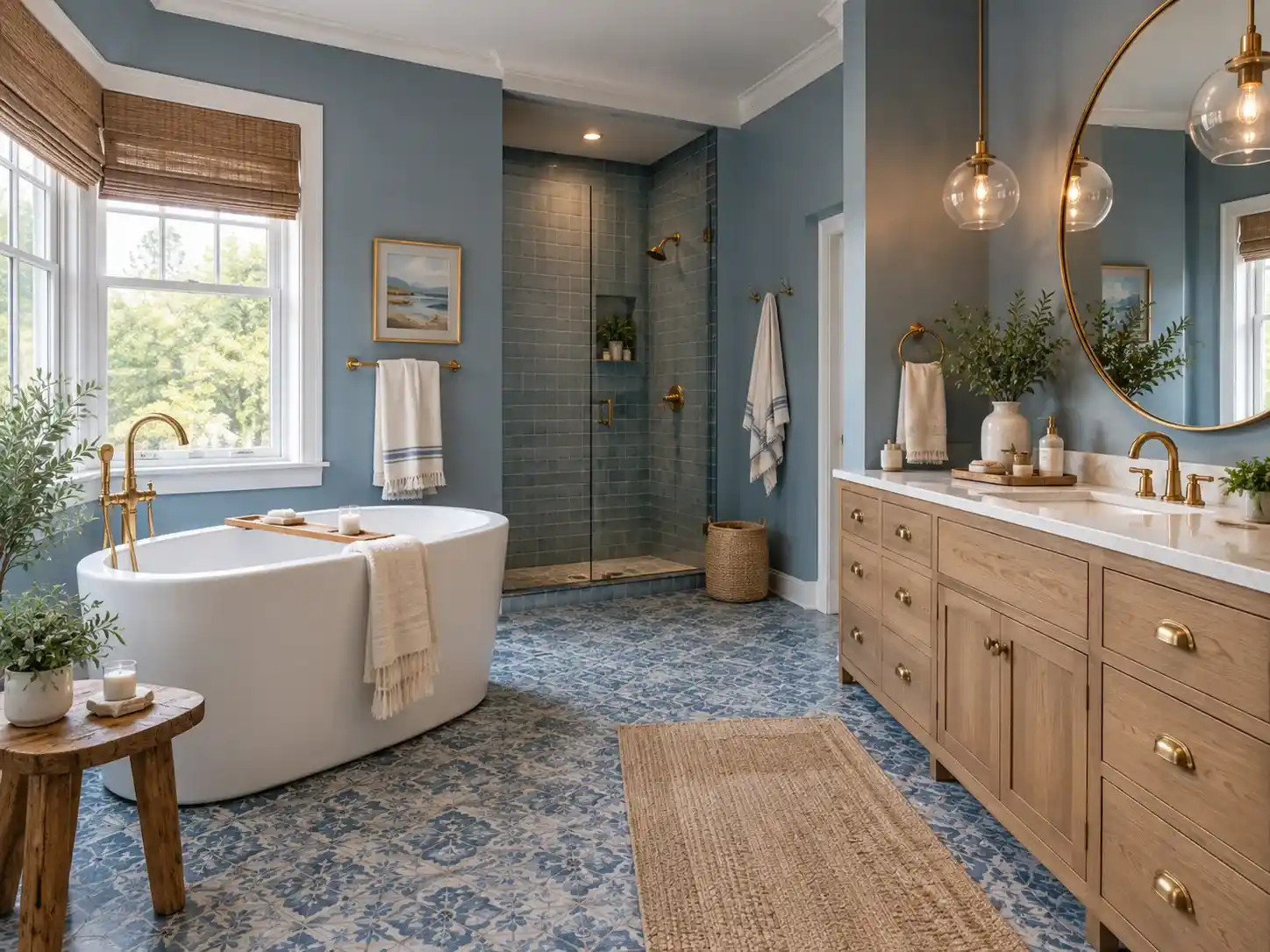Elegant blue bathroom with blue-gray walls, white bathtub, natural wood vanity, brass fixtures, and soft lighting.