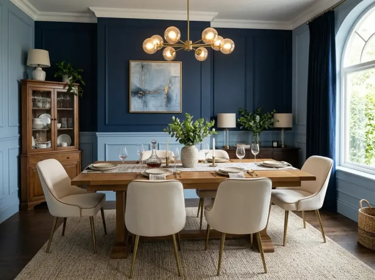 Elegant blue dining room with wooden table and cream chairs