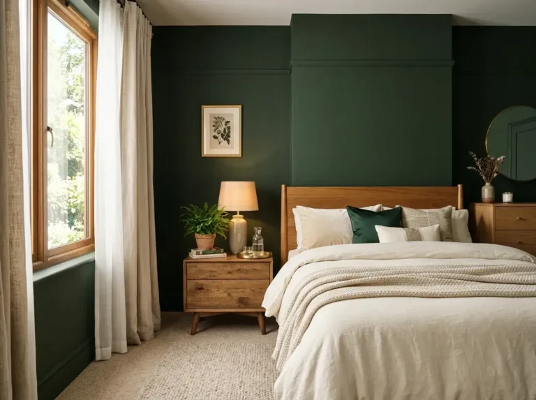 Elegant dark green bedroom with cream bedding, warm wood furniture, gold accents, and cozy layered textures.