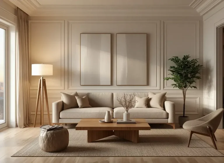 Elegant living room with stylish floor lamps and warm layered lighting.