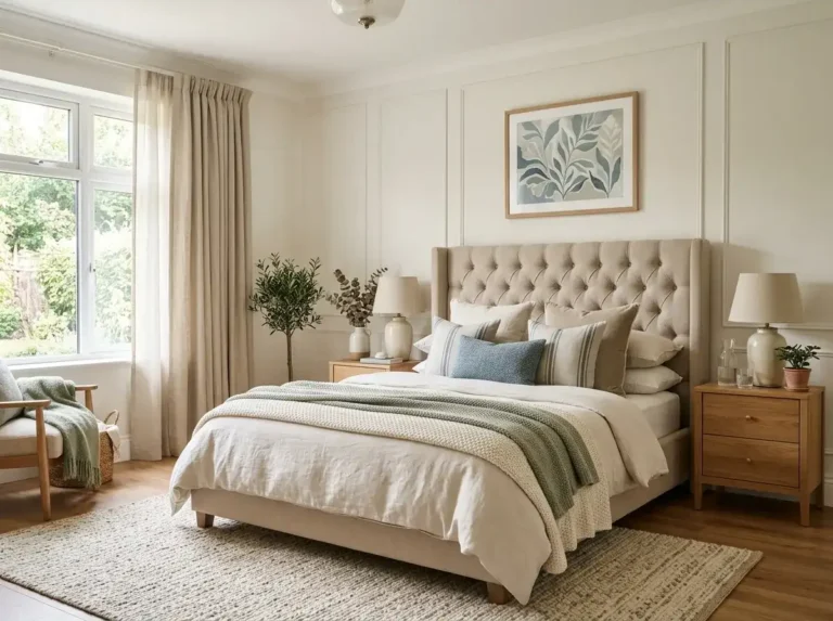 Elegant master bedroom with soft neutral colors and cozy layered decor