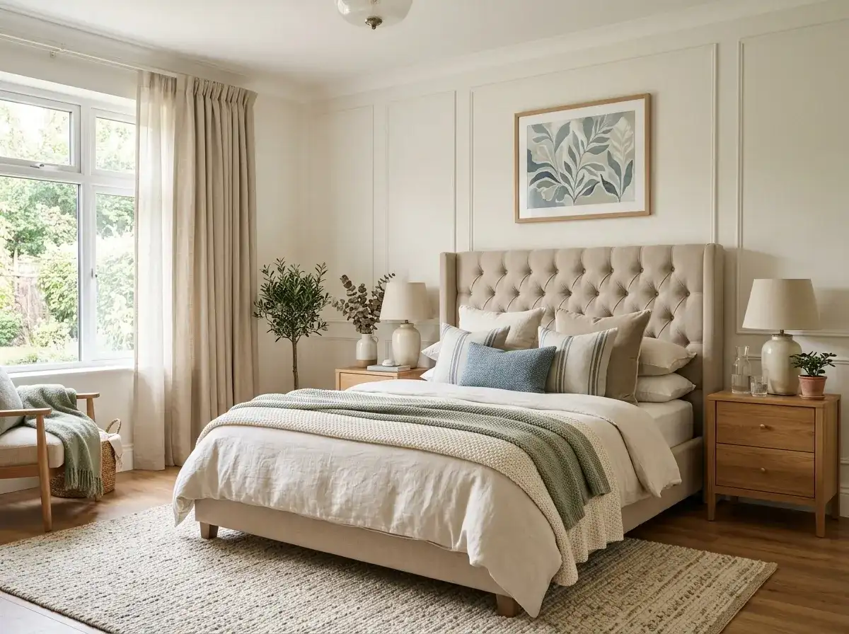 Elegant master bedroom with soft neutral colors and cozy layered decor