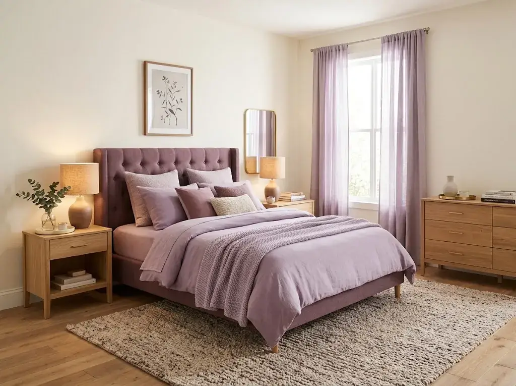 Elegant purple bedroom with lavender bedding, warm lighting, and natural wood furniture.