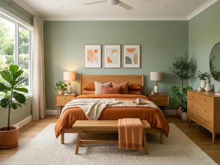 Green and orange bedroom with sage green walls, burnt orange bedding, natural wood furniture, plants, and cozy modern decor.