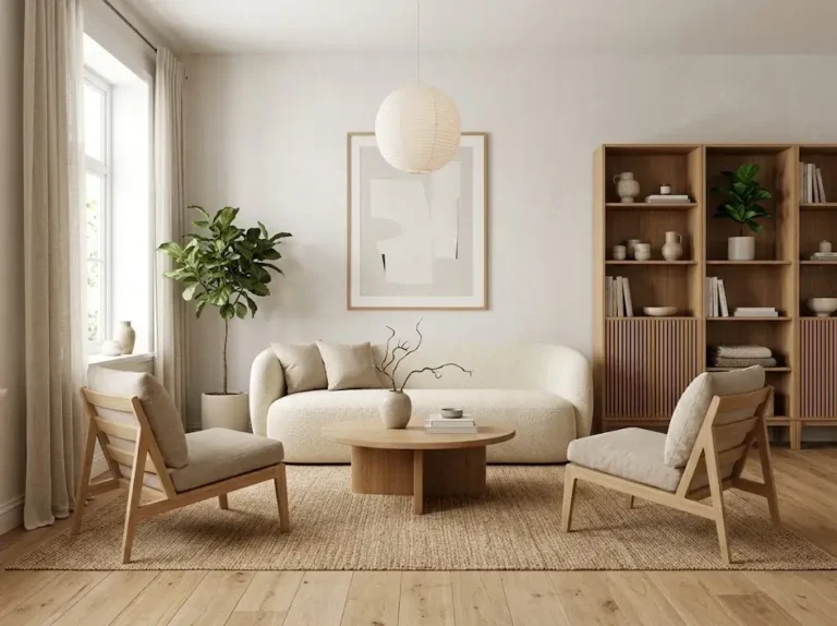 Japandi living room with warm neutral tones, natural wood furniture, cozy textures, soft lighting, simple decor, and calming minimalist styling.