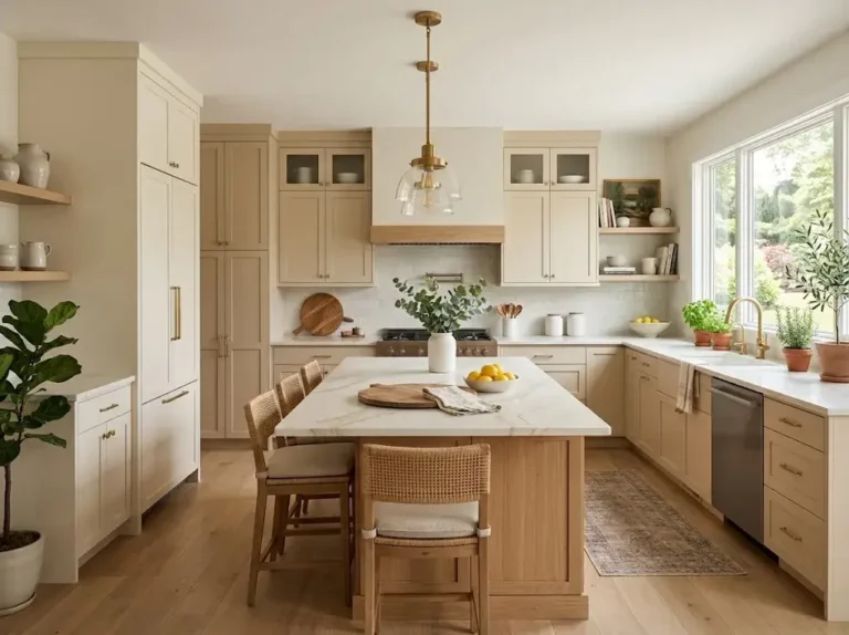 L shaped kitchen with island featuring neutral cabinets, natural wood accents, pendant lighting, and a spacious functional layout.