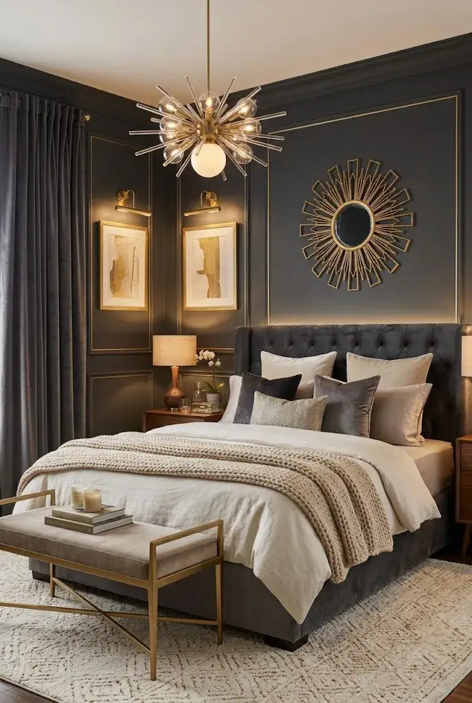 lights. Dark gray bedroom illuminated with layered warm lighting from bedside lamps, sconces, and pendant