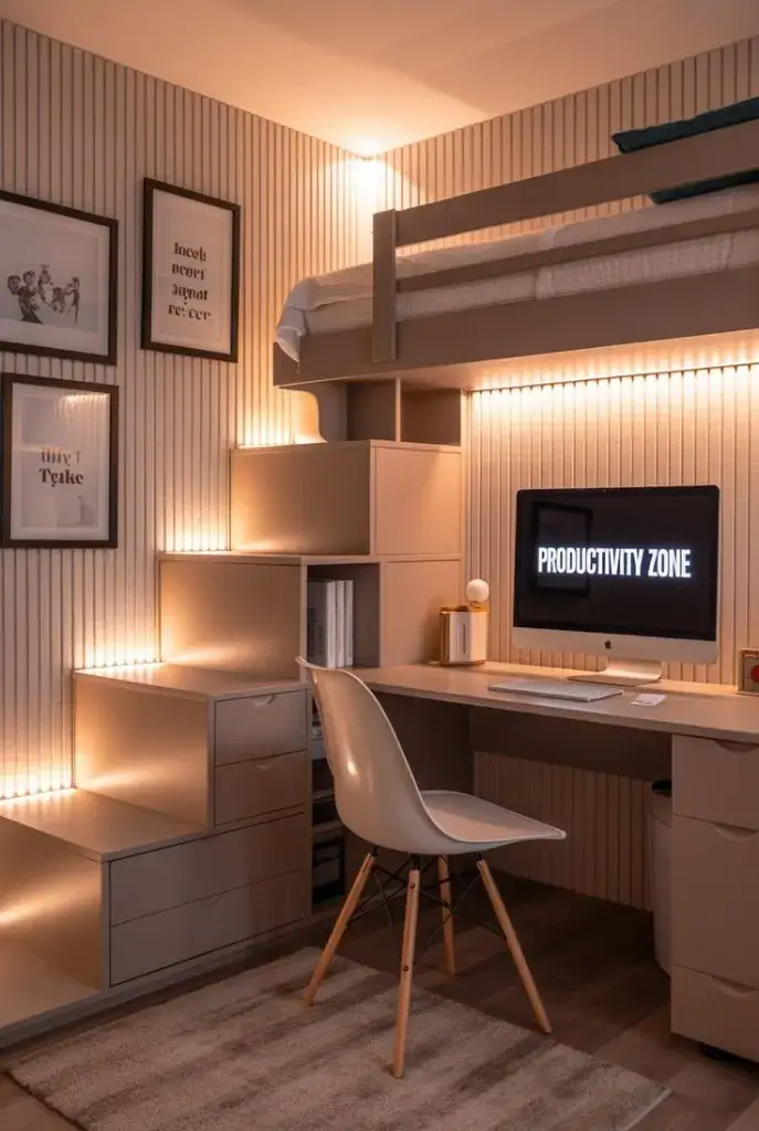 Loft bed with compact study desk underneath in a small bedroom