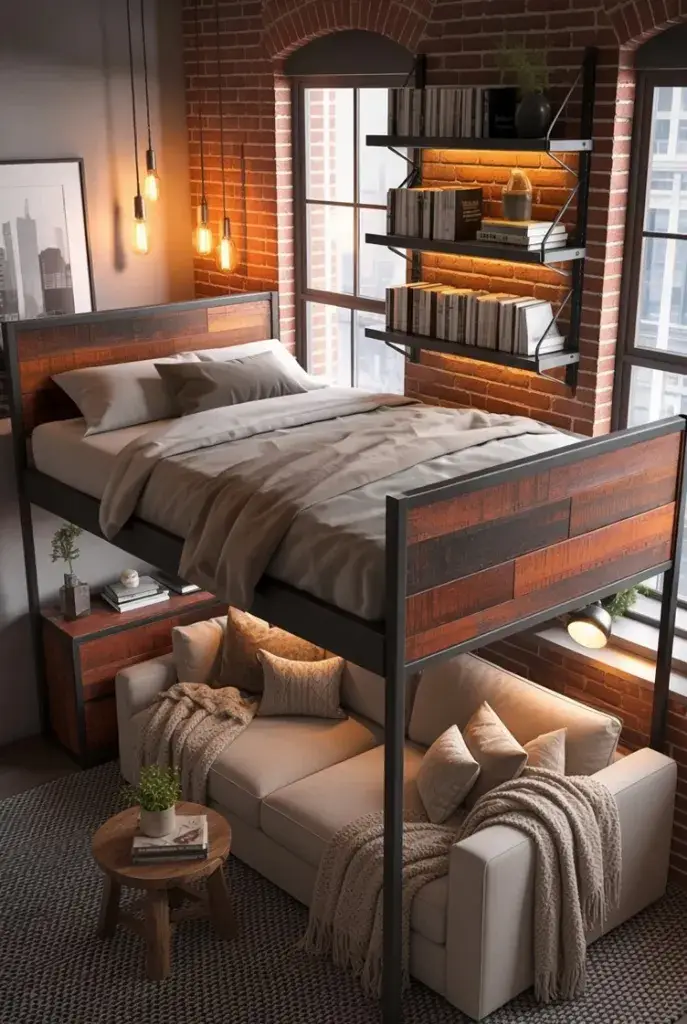 Loft bed with a cozy lounge area underneath