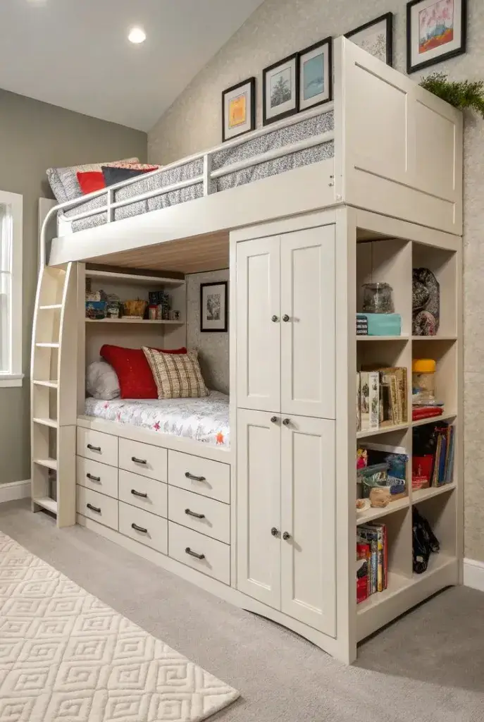 Loft bed with built in storage drawers and shelves