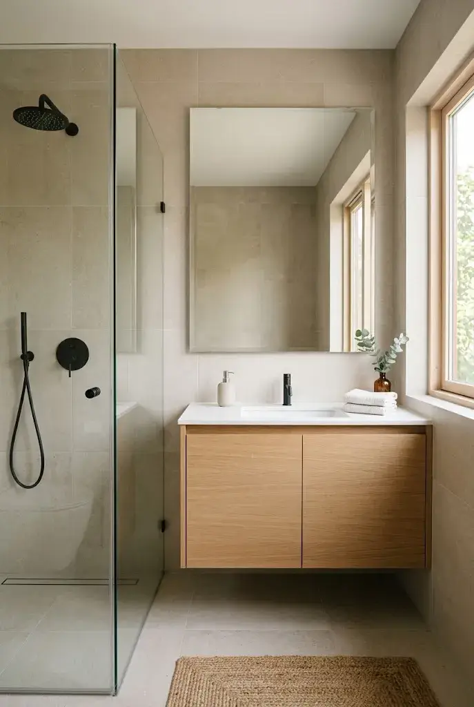 Minimalist bathroom with clean lines, light oak cabinetry, frameless shower, and neutral tiles.