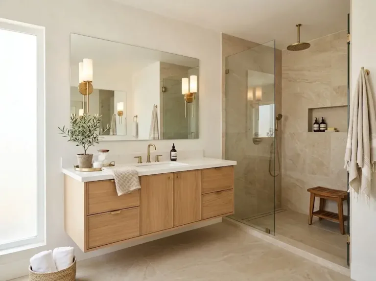 Modern bathroom remodel with warm neutral colors, wood vanity, glass shower, and elegant decor.