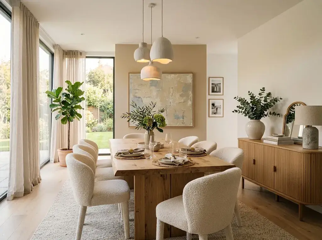 Modern dining room with a sleek wooden table, cream upholstered chairs, warm pendant lighting, natural wood accents, artwork, greenery, and neutral textured decor.
