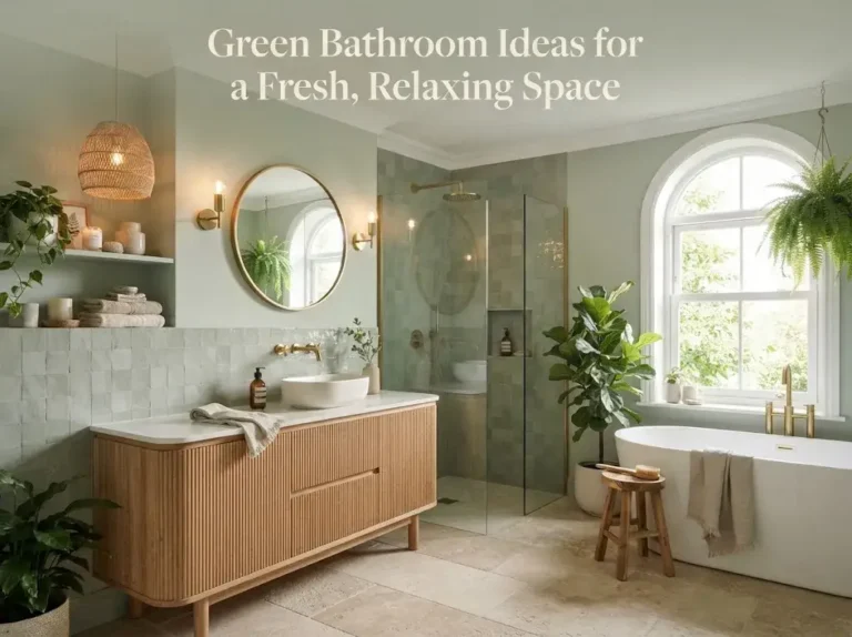 Modern green bathroom with sage walls, natural wood vanity, plants, brass accents, and warm relaxing lighting.