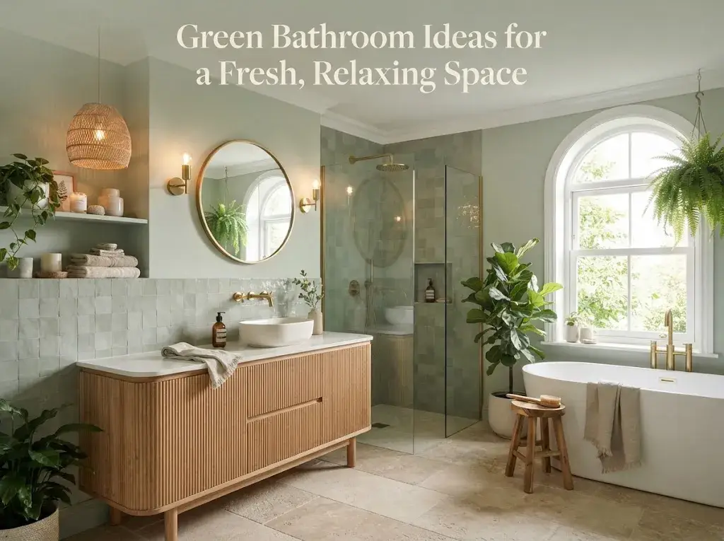 Modern green bathroom with sage walls, natural wood vanity, plants, brass accents, and warm relaxing lighting.